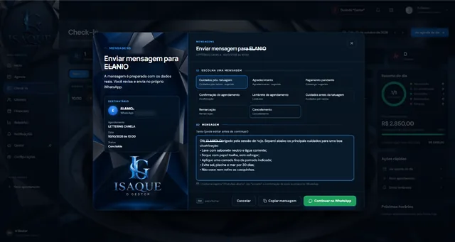Janela de envio de mensagem ao cliente, com modelos prontos como cuidados pós-tatuagem e o botão para continuar no WhatsApp.
