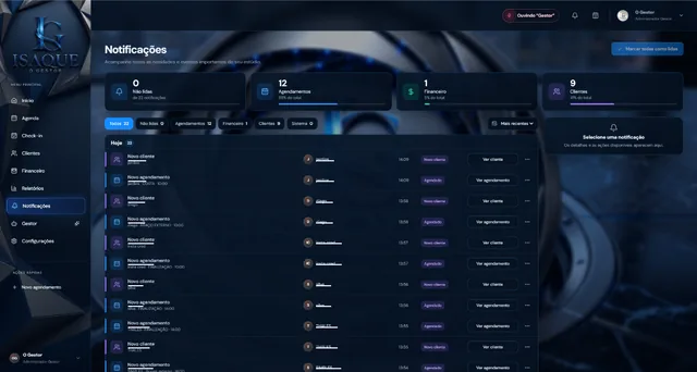 Central de notificações com contadores por categoria e a lista de novos clientes e novos agendamentos do dia.