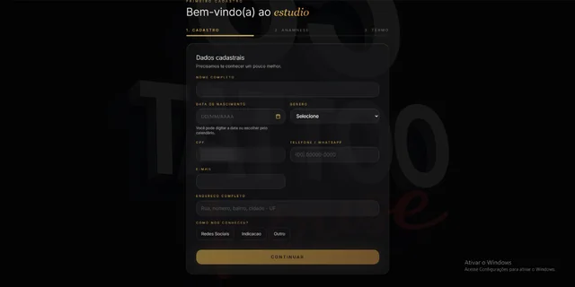 Etapa 1, cadastro: formulário com nome completo, data de nascimento, gênero, CPF, telefone, e-mail, endereço e como conheceu o estúdio.