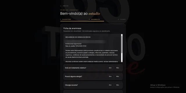 Etapa 2, ficha de anamnese: declaração de ciência de riscos e as primeiras perguntas de saúde com respostas Sim ou Não.