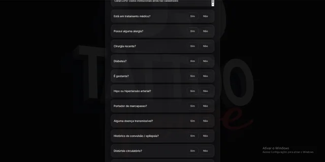 Perguntas de saúde da anamnese, como tratamento médico, alergia, cirurgia recente, diabetes, gestação e pressão arterial.