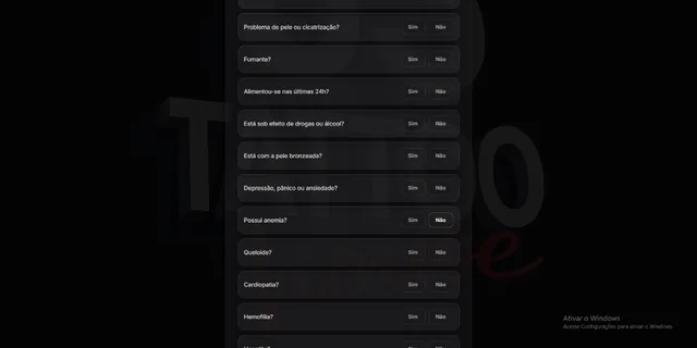 Continuação das perguntas de saúde, como problemas de pele e cicatrização, fumo, anemia, queloide, cardiopatia e hemofilia.