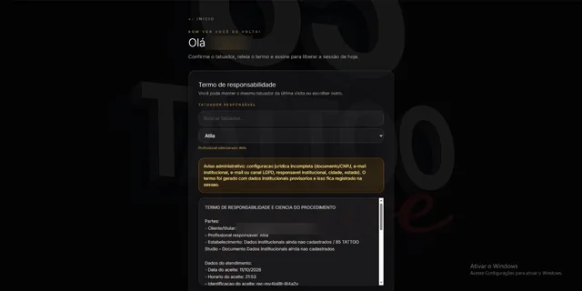 Tela de retorno do cliente com a escolha do tatuador responsável e o termo de responsabilidade e ciência do procedimento.