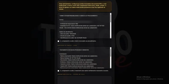 Aceite do termo de responsabilidade e do tratamento de dados pessoais (LGPD), com caixas de confirmação.