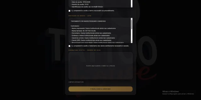 Área de assinatura digital com o dedo ou o mouse e o botão “Finalizar e enviar”.