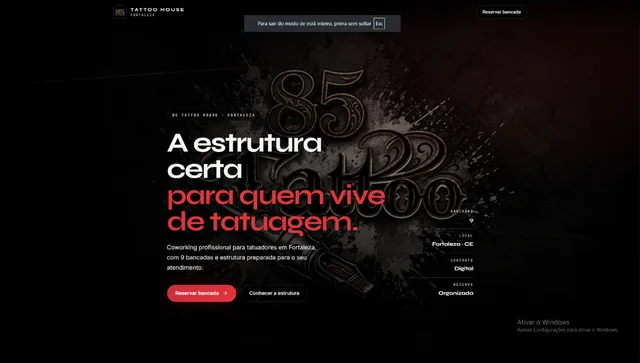 Página inicial do site da 85 Tattoo House: coworking para tatuadores em Fortaleza, com 9 bancadas e o botão “Reservar bancada”.