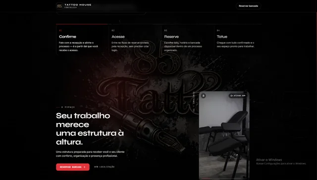 Etapas Confirme, Acesse, Reserve e Tatue, e a seção do espaço com vídeo do ambiente.