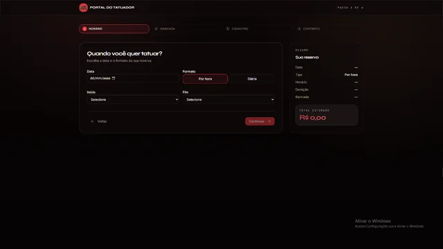 Portal do Tatuador, passo 1: escolha da data e do formato da reserva, por hora ou diária, com o resumo e o total estimado.