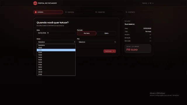 Passo 1 com a lista de horários de início disponíveis para a reserva.