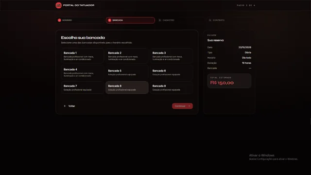 Passo 2: escolha entre as 9 bancadas disponíveis, com o resumo da reserva e o total estimado.