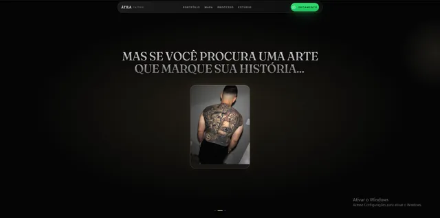 Seção de apresentação com a frase “Mas se você procura uma arte que marque sua história…” e a foto de uma tatuagem nas costas.