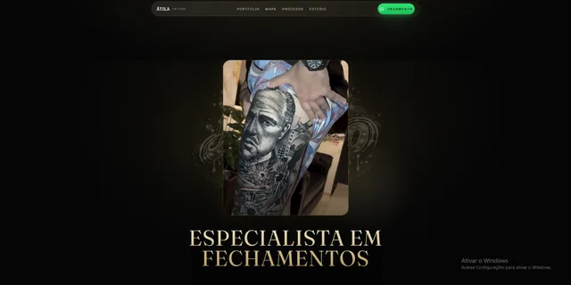 Seção “Especialista em fechamentos” com a foto de uma tatuagem realista na perna.