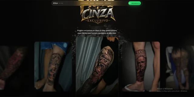 Portfólio “Preto e Cinza Exclusivo” em carrossel com fotos de tatuagens realistas.