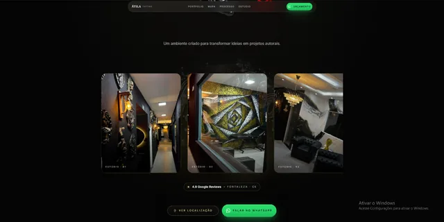 Seção do estúdio com fotos do ambiente, avaliação no Google e botões de localização e WhatsApp.