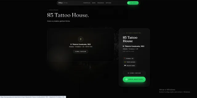 Seção de localização do estúdio parceiro, com endereço e botões “Como chegar” e “Abrir WhatsApp”.